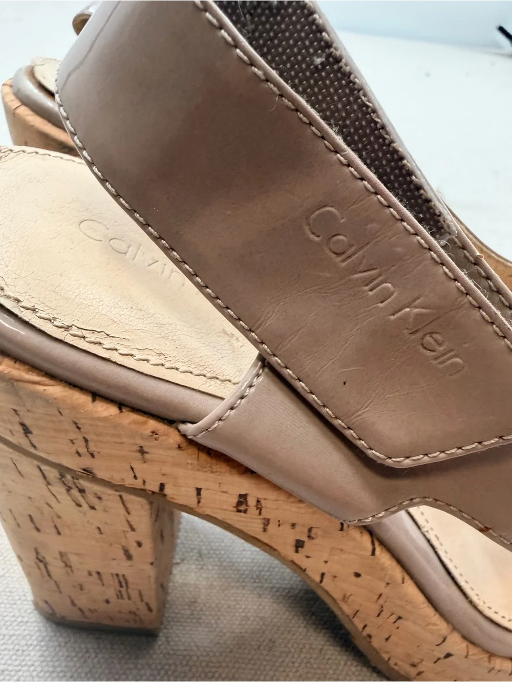 Calvin Klein Neutral Patent Cork Platform Sandals